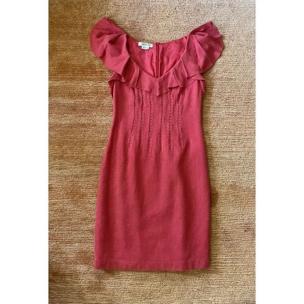 Kay Unger Pink Silk Dress Size 8 Ruffle Trim Lace Detail Back Slit Lined
